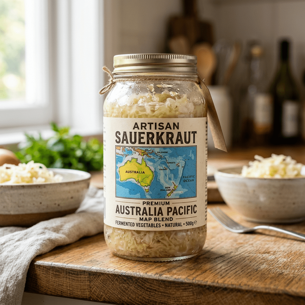 Jar of artisan sauerkraut with an Australia Pacific map on the label