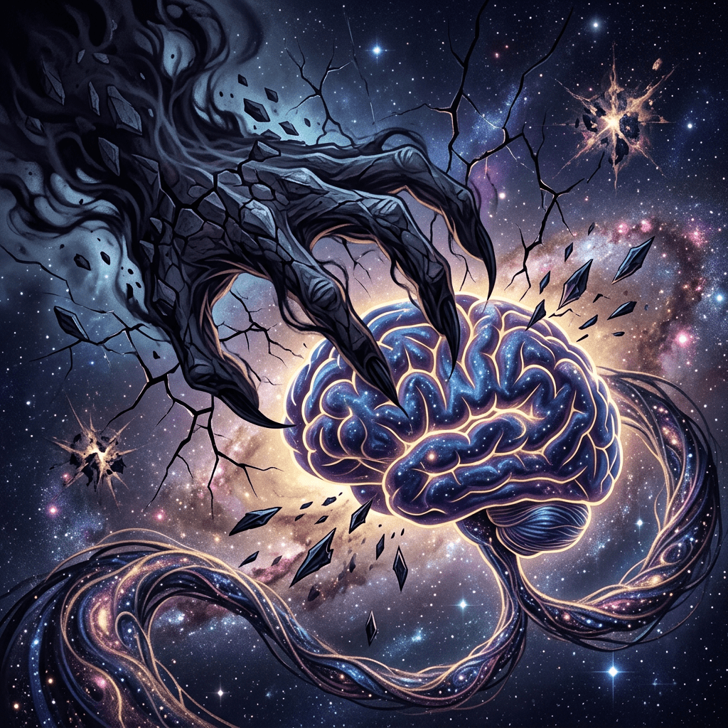 A glowing brain floating in space being grasped by a dark claw with cosmic shards breaking away