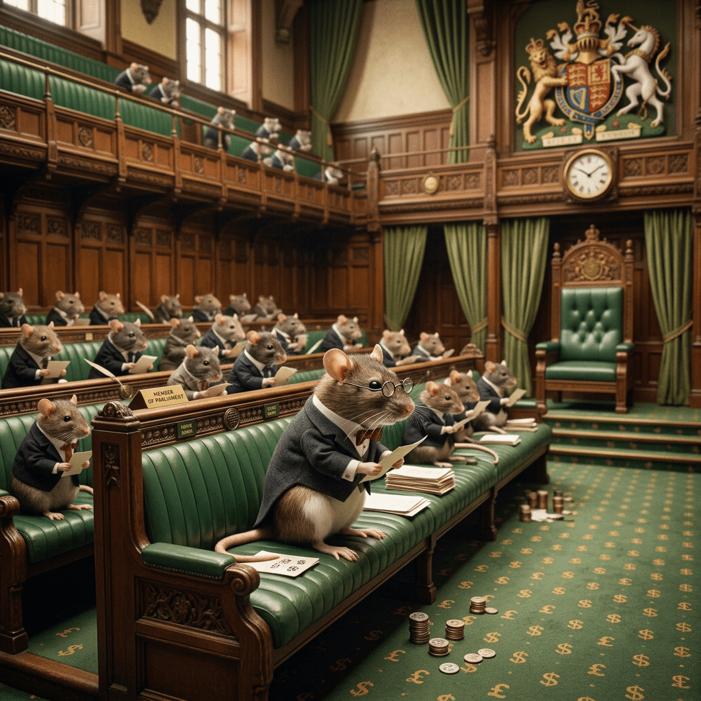 Mice in tuxedos seated in a parliamentary chamber reading documents