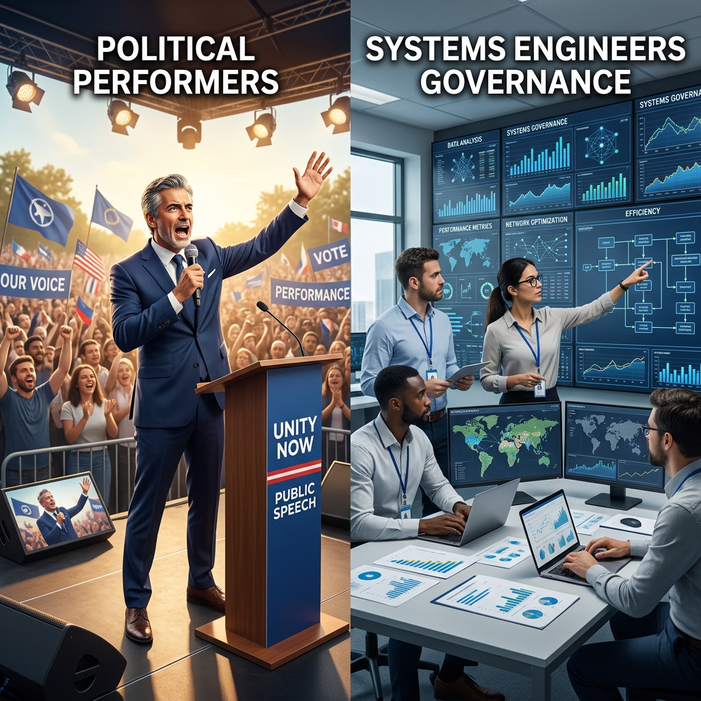 Political speaker addressing crowd and systems engineers analyzing governance data