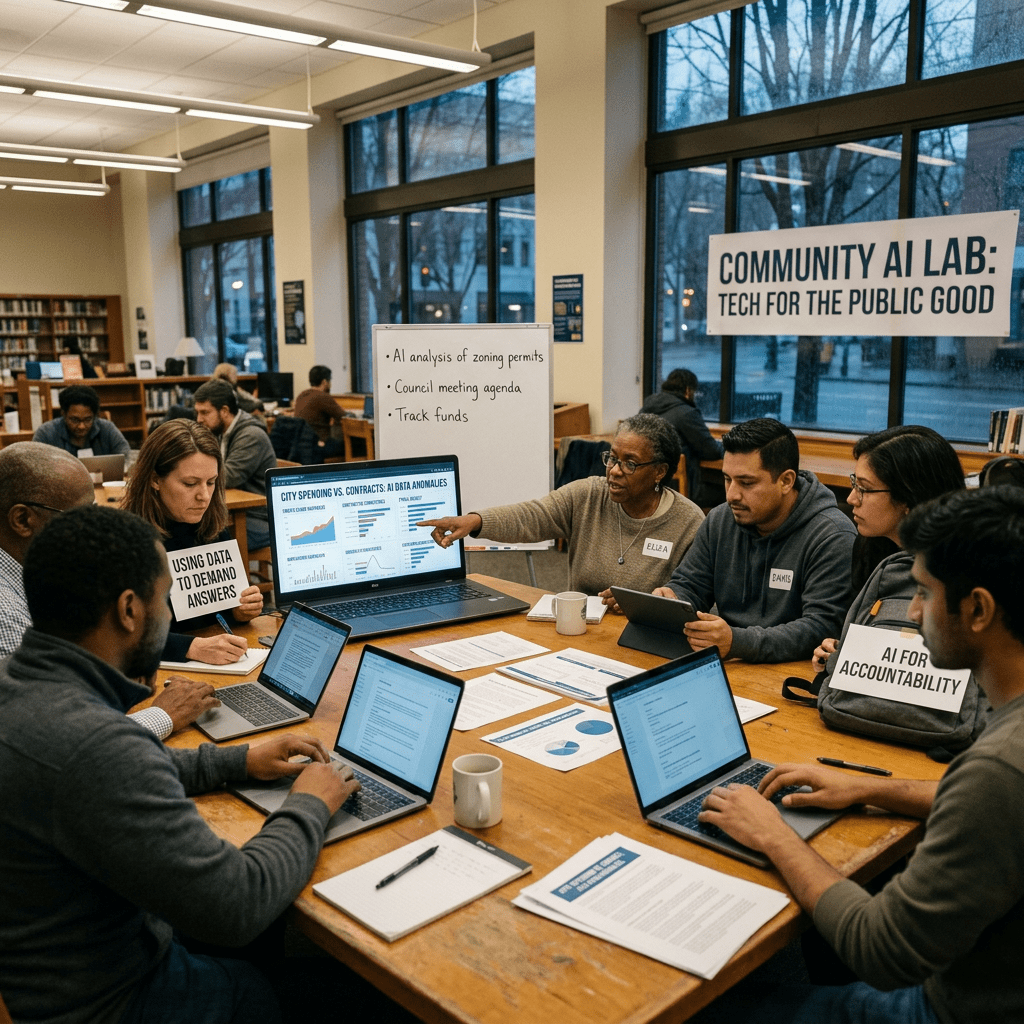 Group of people working on laptops and discussing AI for community projects in a library