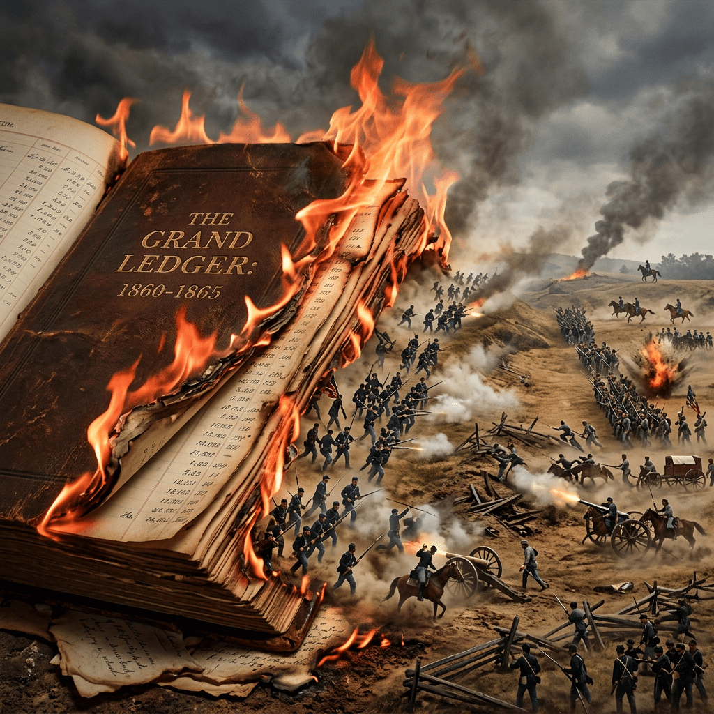 Burning ledger with Civil War battle scene emerging from pages