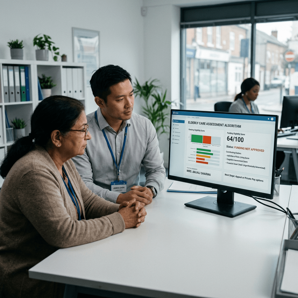Healthcare professional explaining elderly care funding assessment results on computer to senior woman.