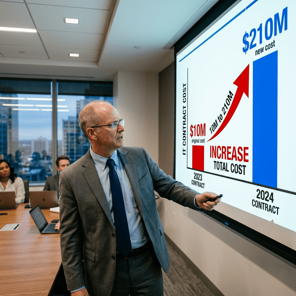 Businessman pointing at chart showing IT contract cost increase from $10M in 2023 to $210M in 2024