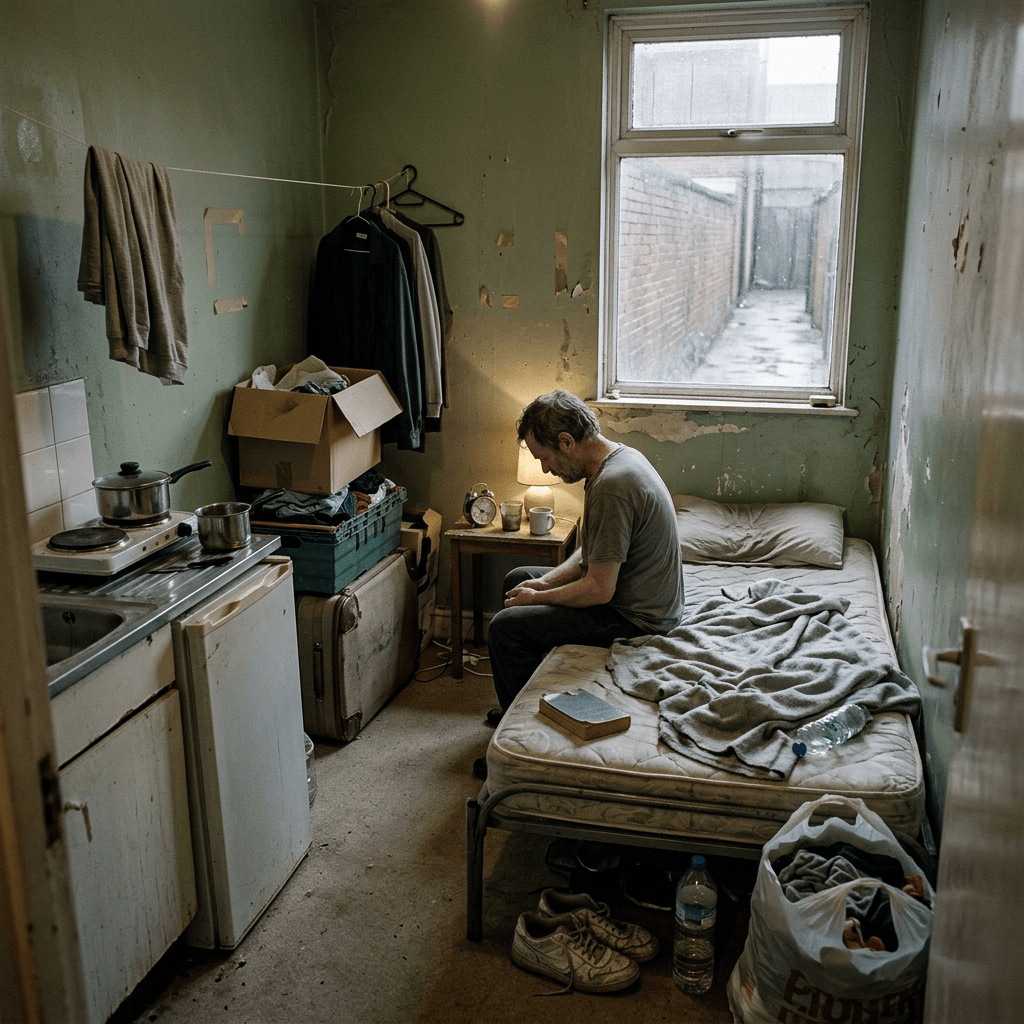 Man sitting on edge of unmade bed in sparse, worn room with peeling paint