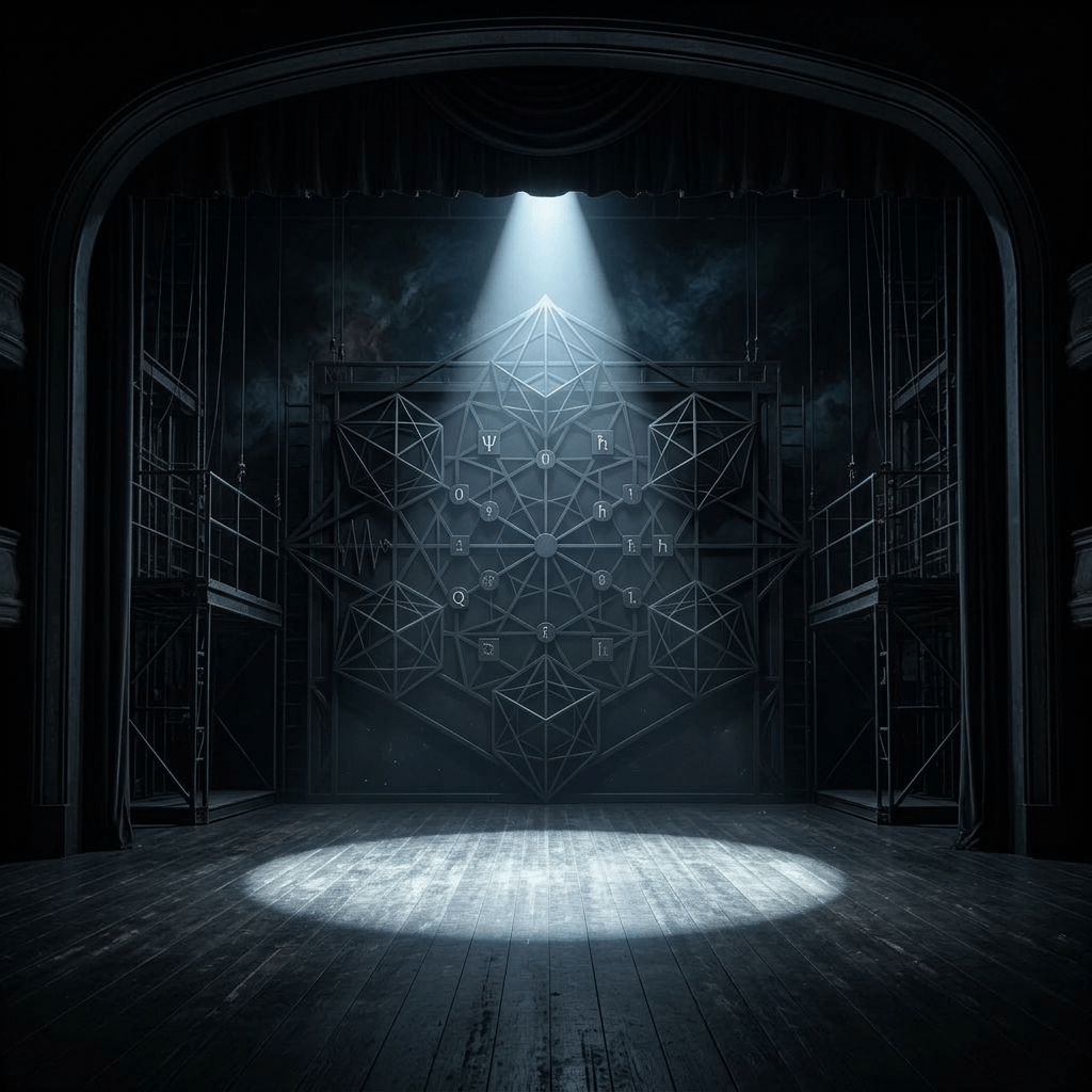 Theater stage with a spotlight shining on a geometric metal framework featuring scientific symbols
