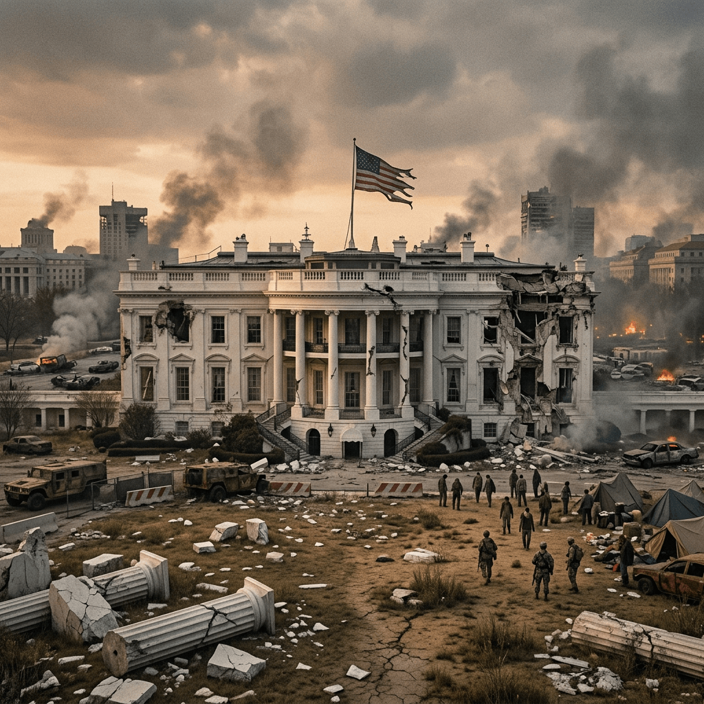 Damaged White House with soldiers, rubble, fires, and smoke in a post-apocalyptic setting