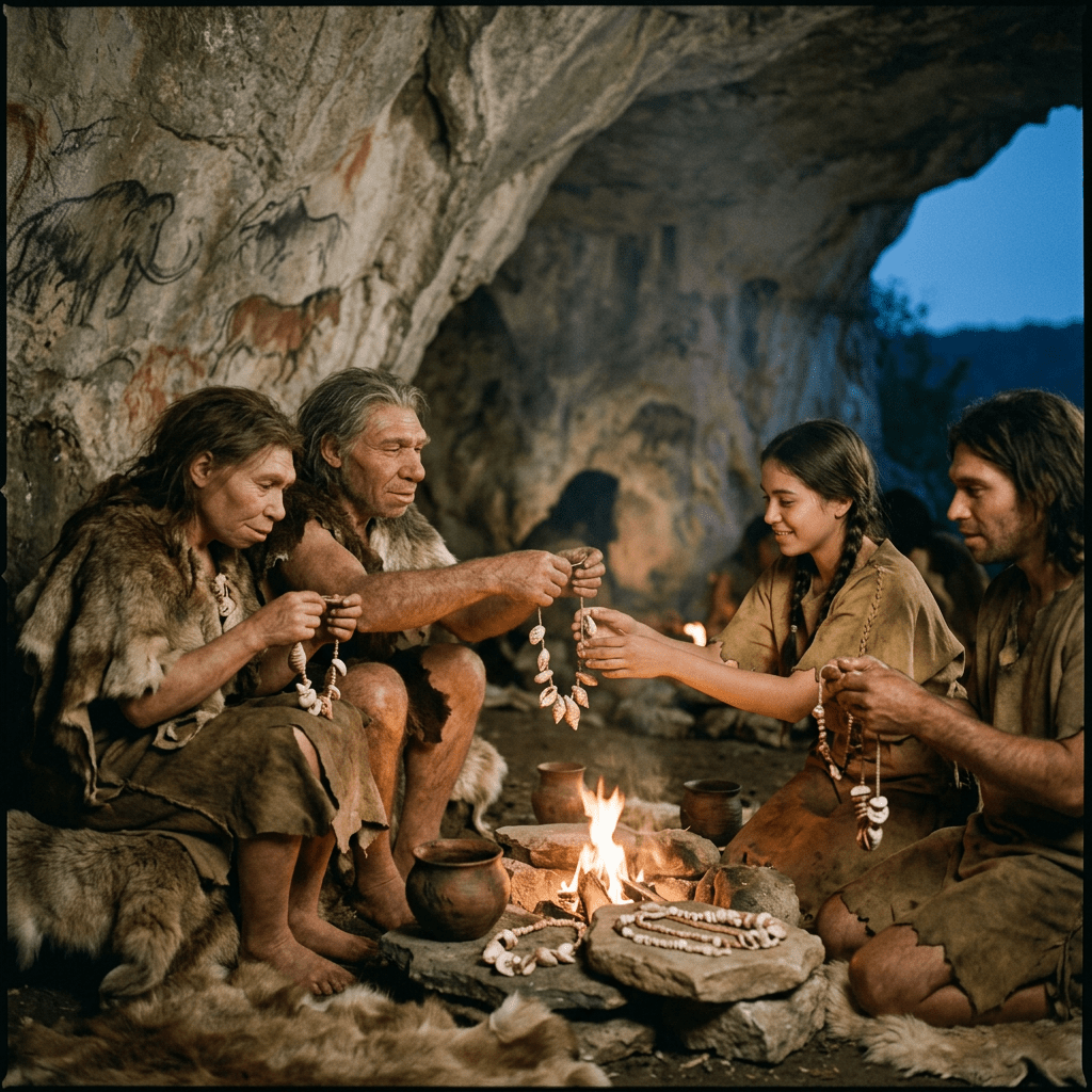 Four prehistoric humans making and sharing shell necklaces by a cave fire with animal paintings on the cave walls.
