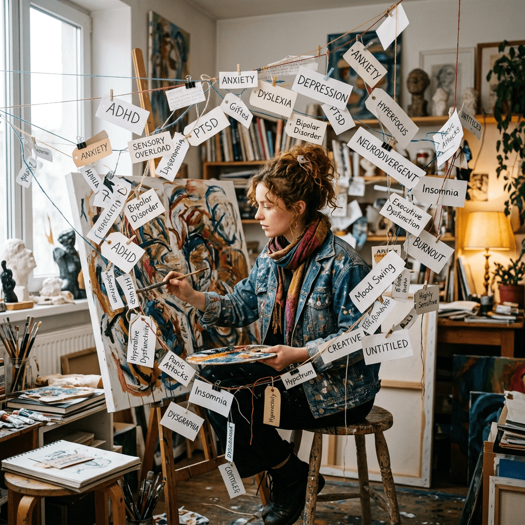Artist painting on canvas surrounded by hanging signs with mental health and neurodivergent terms