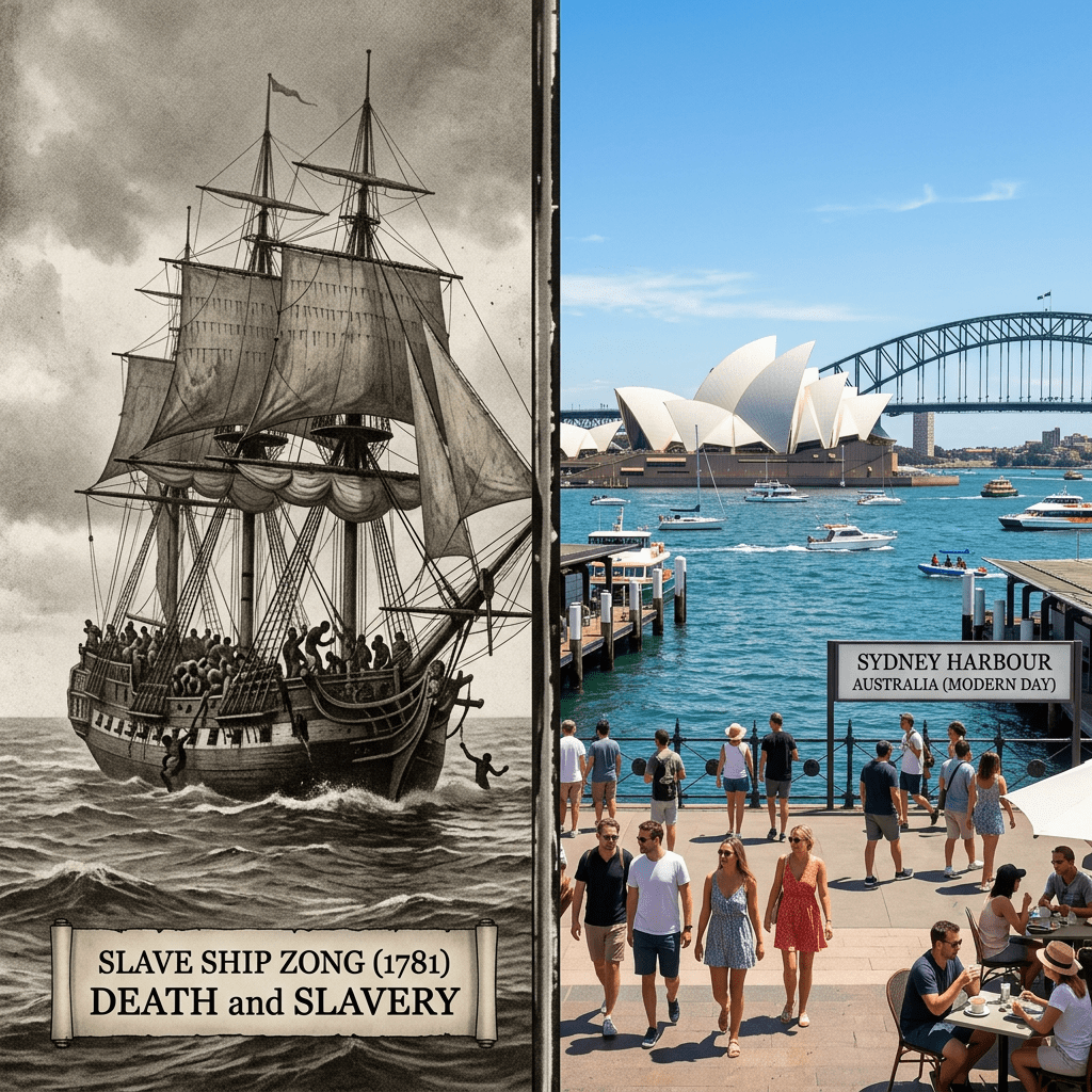 Left side shows the 1781 slave ship Zong at sea with many enslaved people aboard; right side shows modern Sydney Harbour with Sydney Opera House, Harbour Bridge, and people walking and boating.