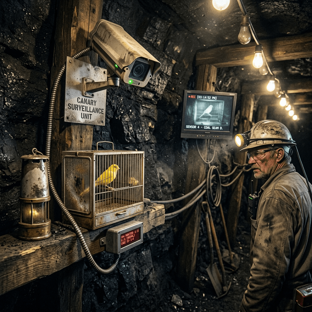 Miner standing in a dimly lit coal mine observing a caged yellow canary with surveillance camera and monitoring screen