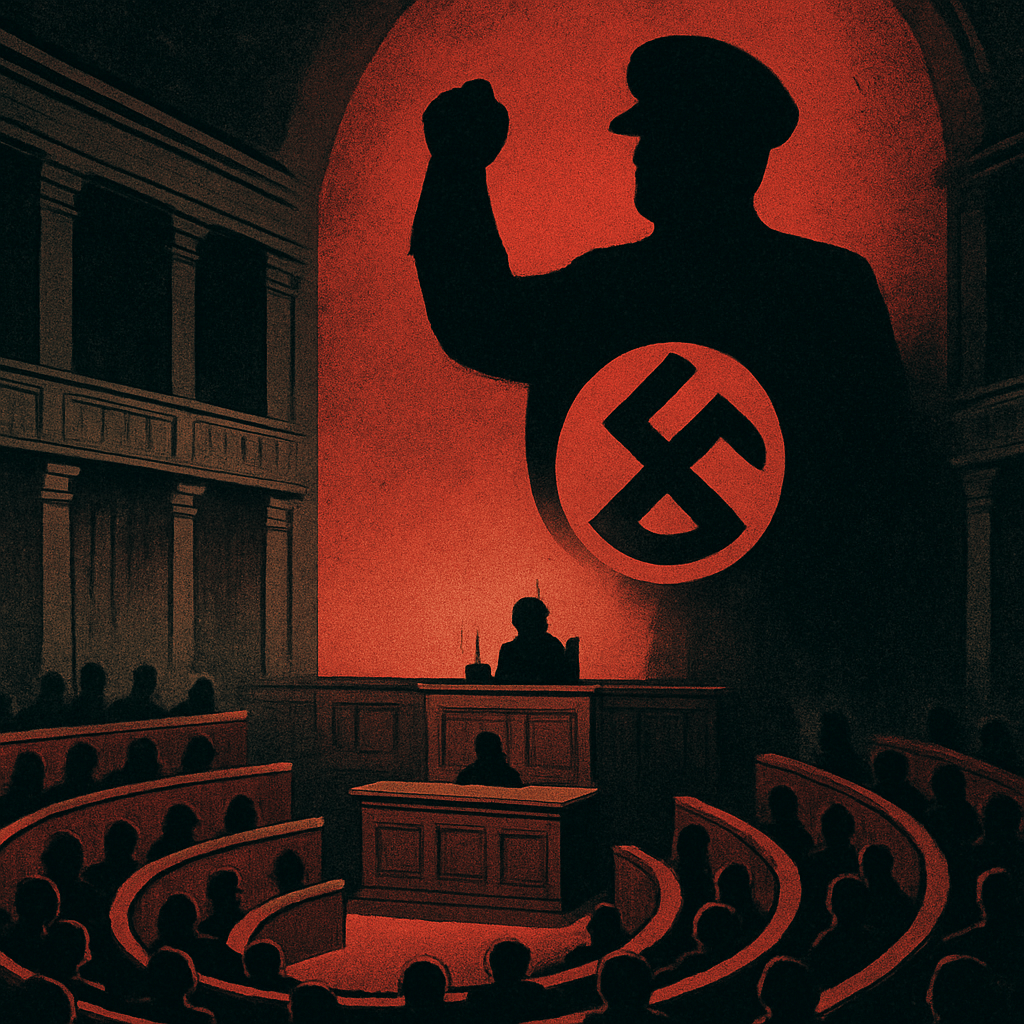 Silhouetted crowd and speaker in a hall with large Nazi symbol and figure projected on wall