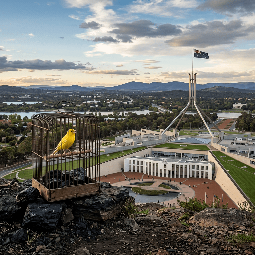 Yellow bird inside a cage on a rocky hill with Australian Parliament House and mountains in the background