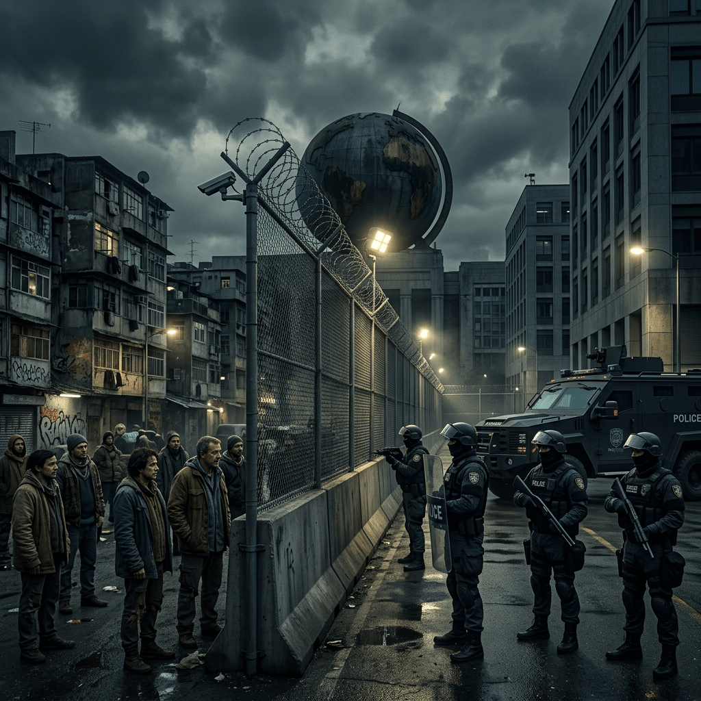 Line of civilians facing a barbed-wire fence with police officers and armored vehicle in an urban area