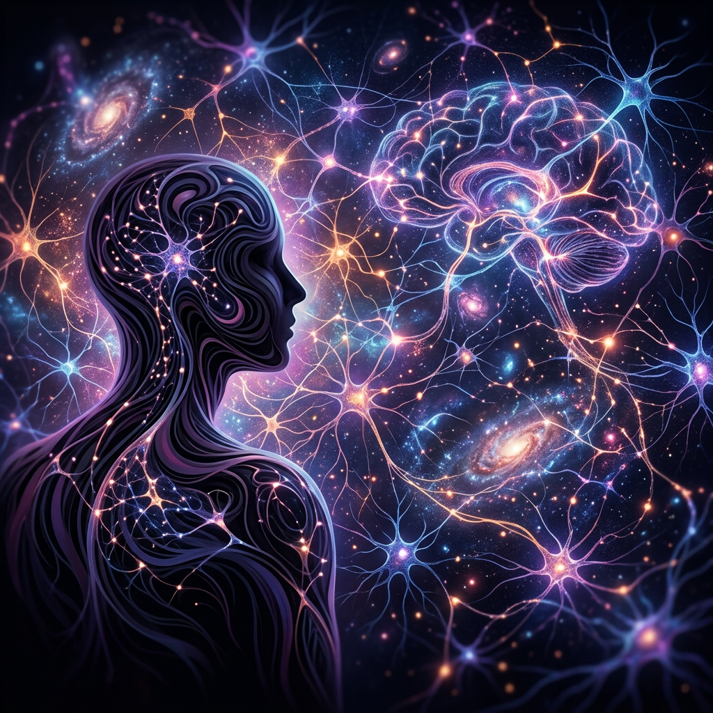 Abstract human figure with neural pathways connected to a glowing brain and galaxies