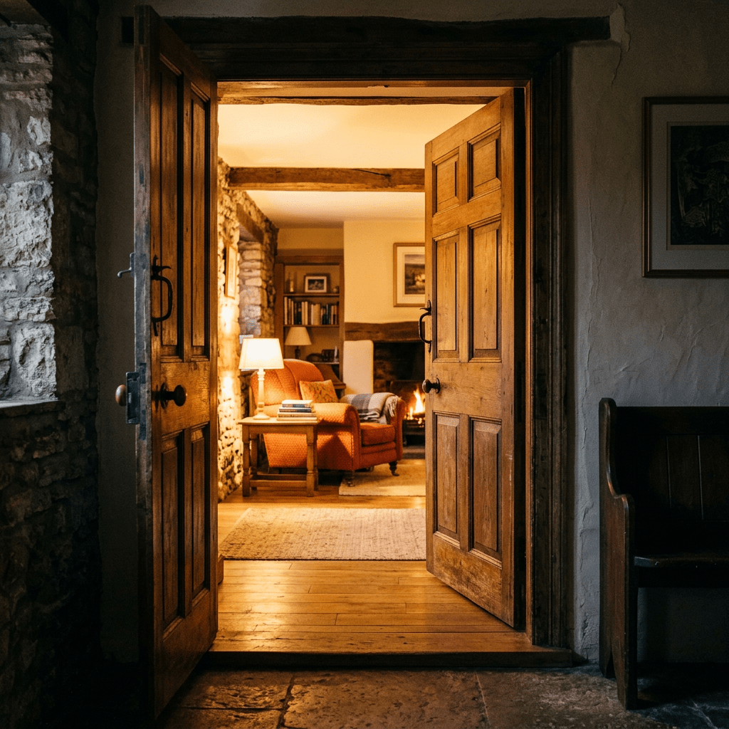 Open wooden doors leading to a rustic living room with an armchair, side table with books and lamp, and a lit fireplace