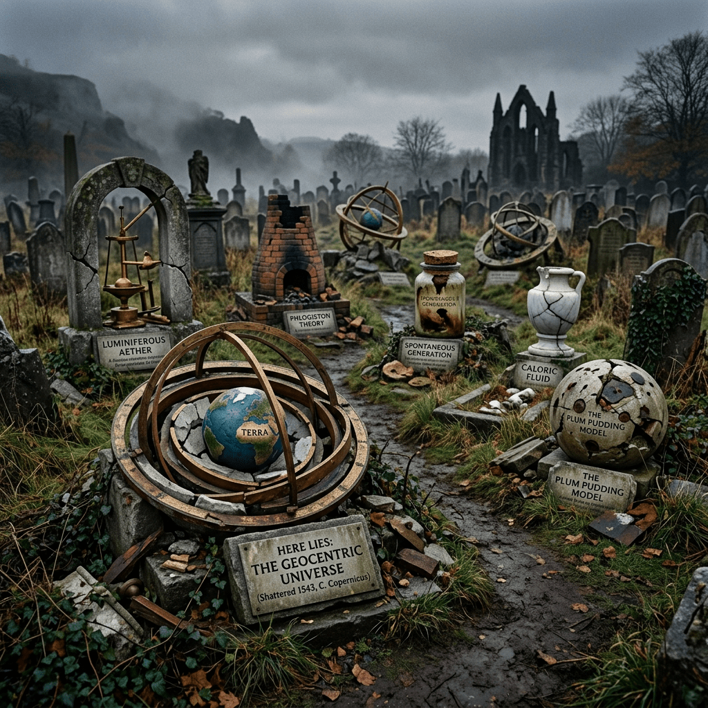 Gravestones representing discredited scientific theories such as geocentric universe, luminiferous aether, phlogiston theory, spontaneous generation, caloric fluid, and the plum pudding model