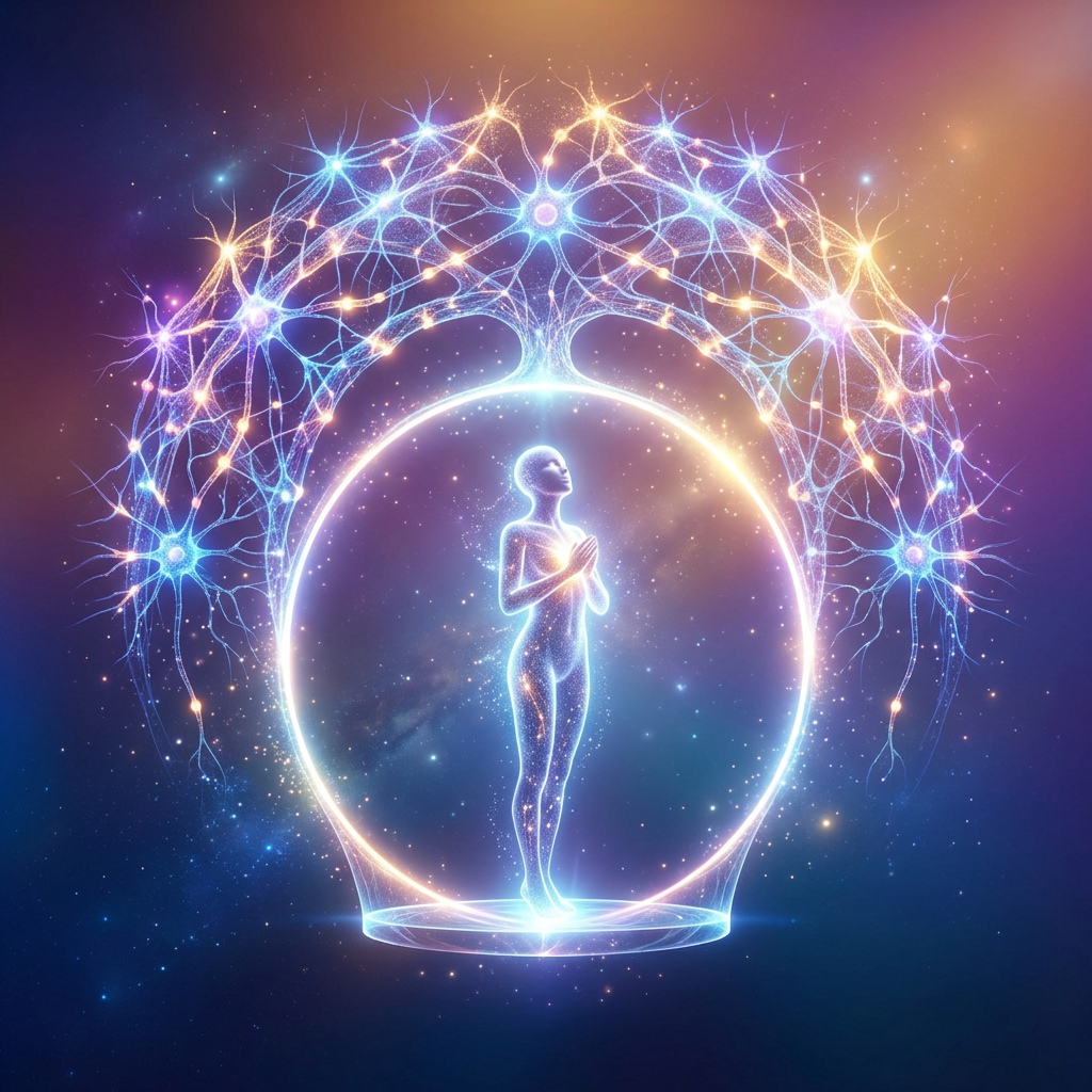 Glowing human figure with neural network structure forming an arch above
