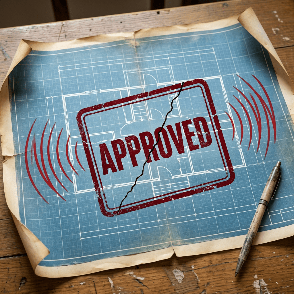 Blueprint of a house floor plan stamped with red 'Approved' text