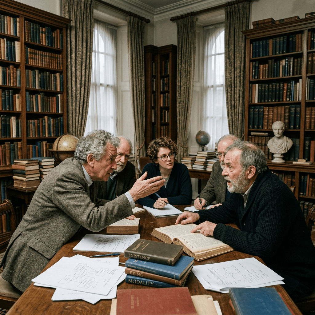 Five people discussing philosophy books and notes around a wooden table in a library