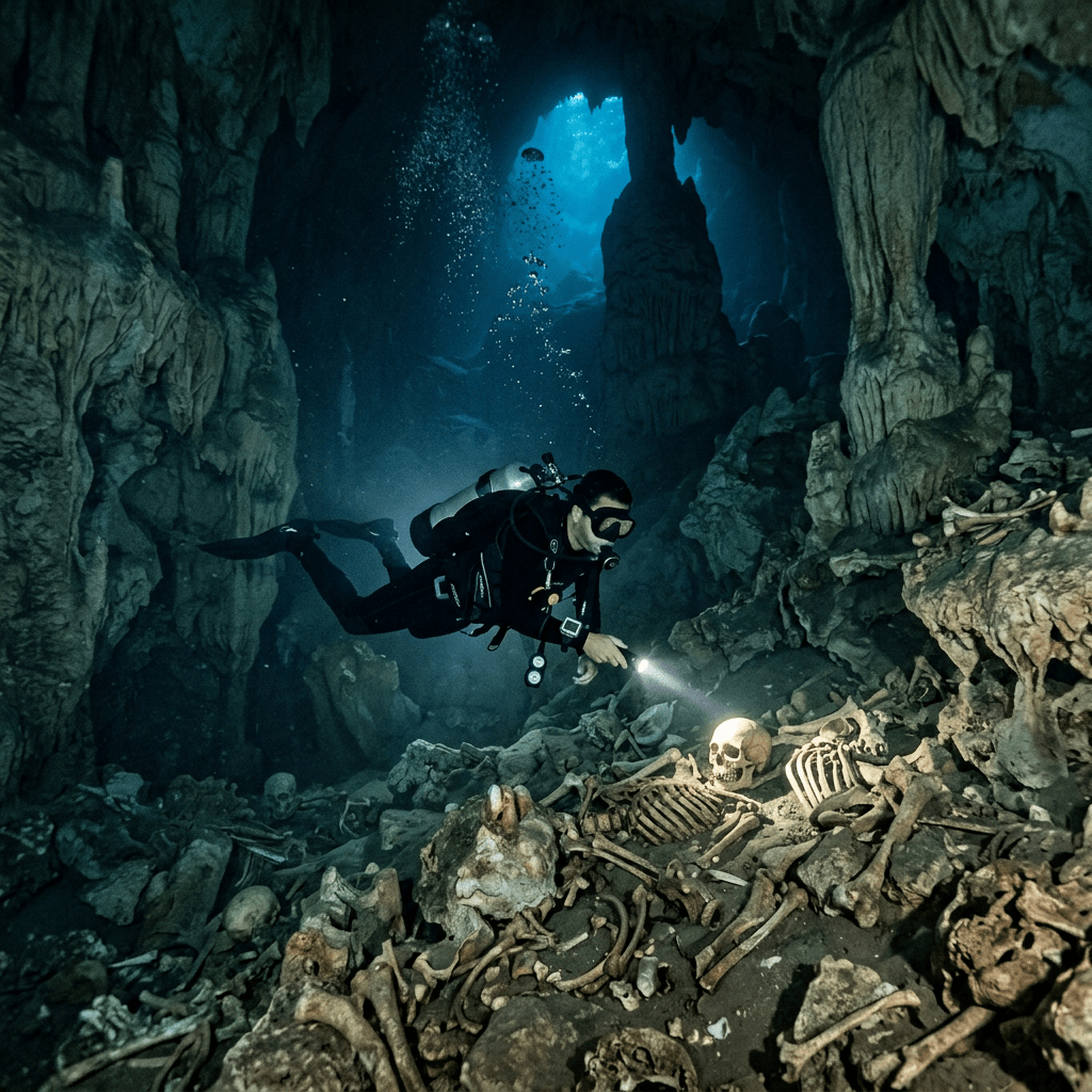 Diver underwater in cave examining human skeletons with flashlight