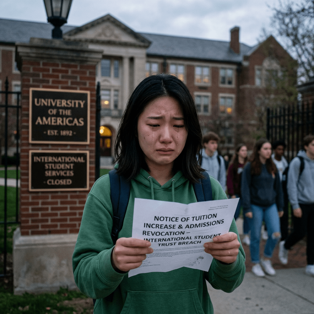 Student crying while reading tuition increase and admissions revocation notice