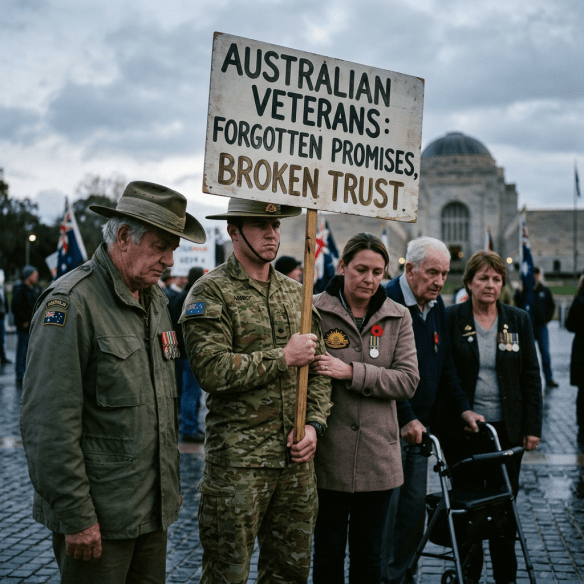Group of Australian veterans and supporters with sign reading Australian Veterans: Forgotten promises, broken trust