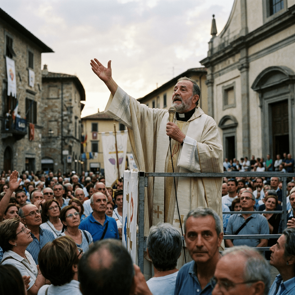 Priest in white vestments holding a microphone addressing a crowd outdoors