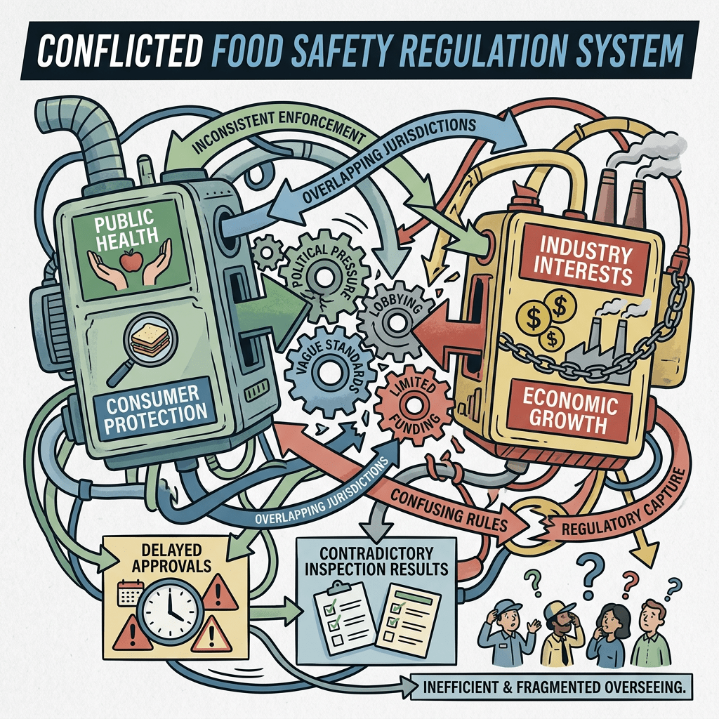 Diagram showing conflicts between public health consumer protection and industry interests causing delayed approvals and contradictory inspection results