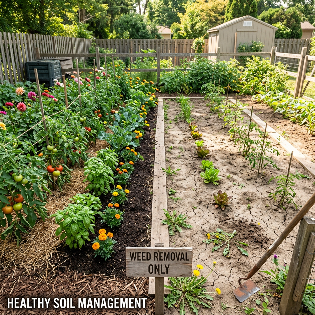 Vegetable garden bordered by healthy plants with a 'Weed Removal Only' sign on cracked soil patch