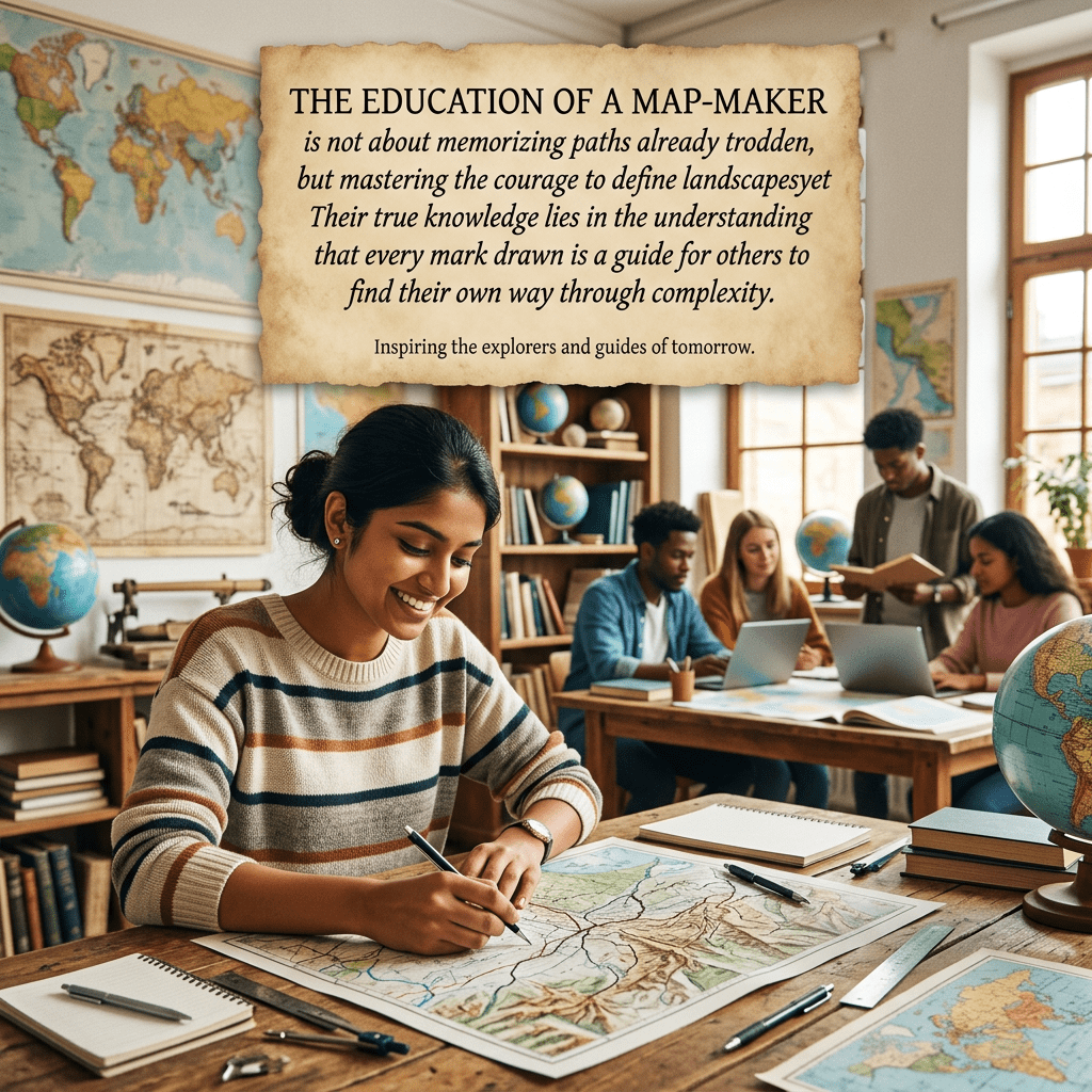 Young woman drawing on a topographic map while classmates study maps and use laptops in classroom filled with globes