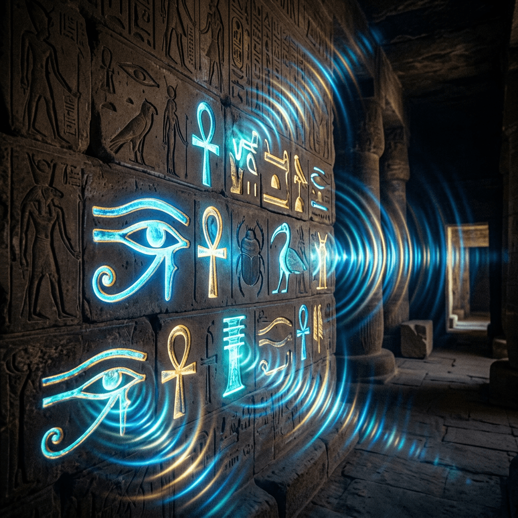 Ancient Egyptian hieroglyphs on stone wall glowing with blue and gold light effects