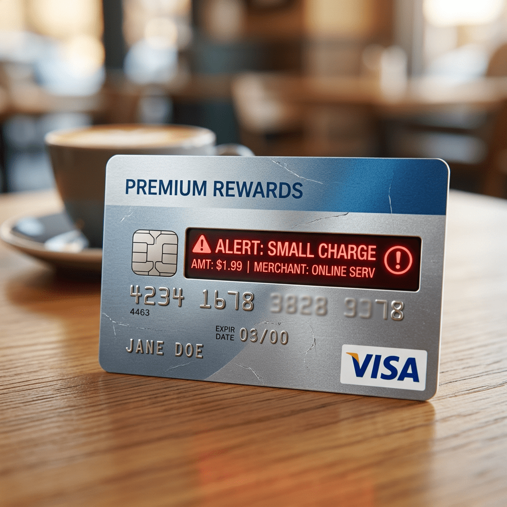 Credit card showing alert message for small charge of $1.99 from online service
