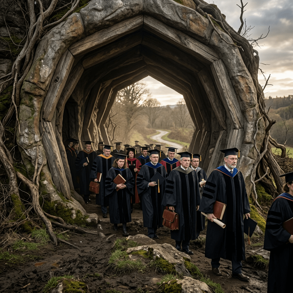 Group of people in graduation gowns and caps walking through a large wooden tunnel outdoors