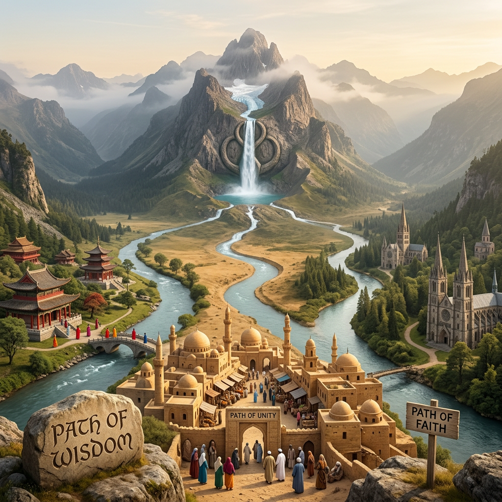 Three paths labeled wisdom, unity, and faith lead through various spiritual buildings to a waterfall in the mountains.