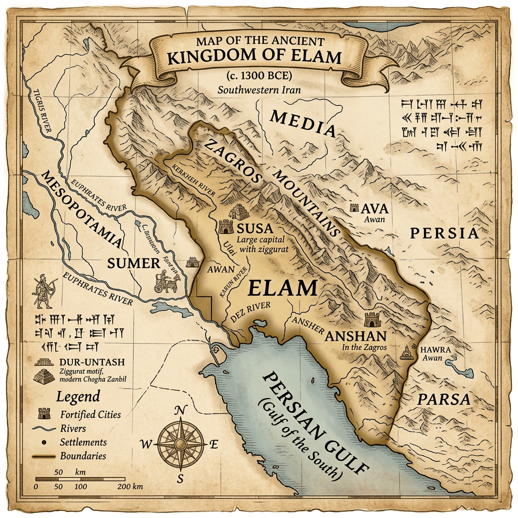Map of the ancient Kingdom of Elam with labeled cities, rivers, mountains, and boundaries in southwestern Iran circa 1300 BCE