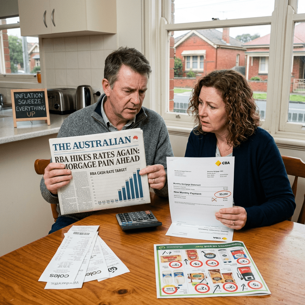 Couple analyzing mortgage statement and newspaper about rate hikes