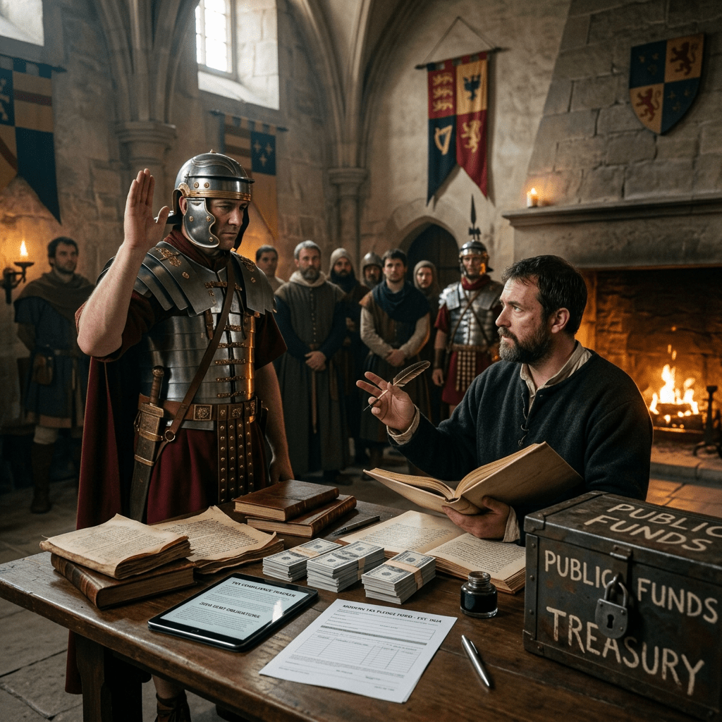 Roman soldier raising hand taking oath to medieval tax collector at treasury desk