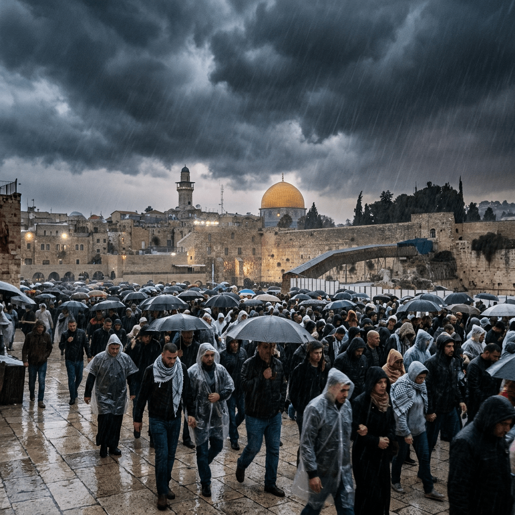 Crowd of people with umbrellas walking in rain near Dome of the Rock and Western Wall