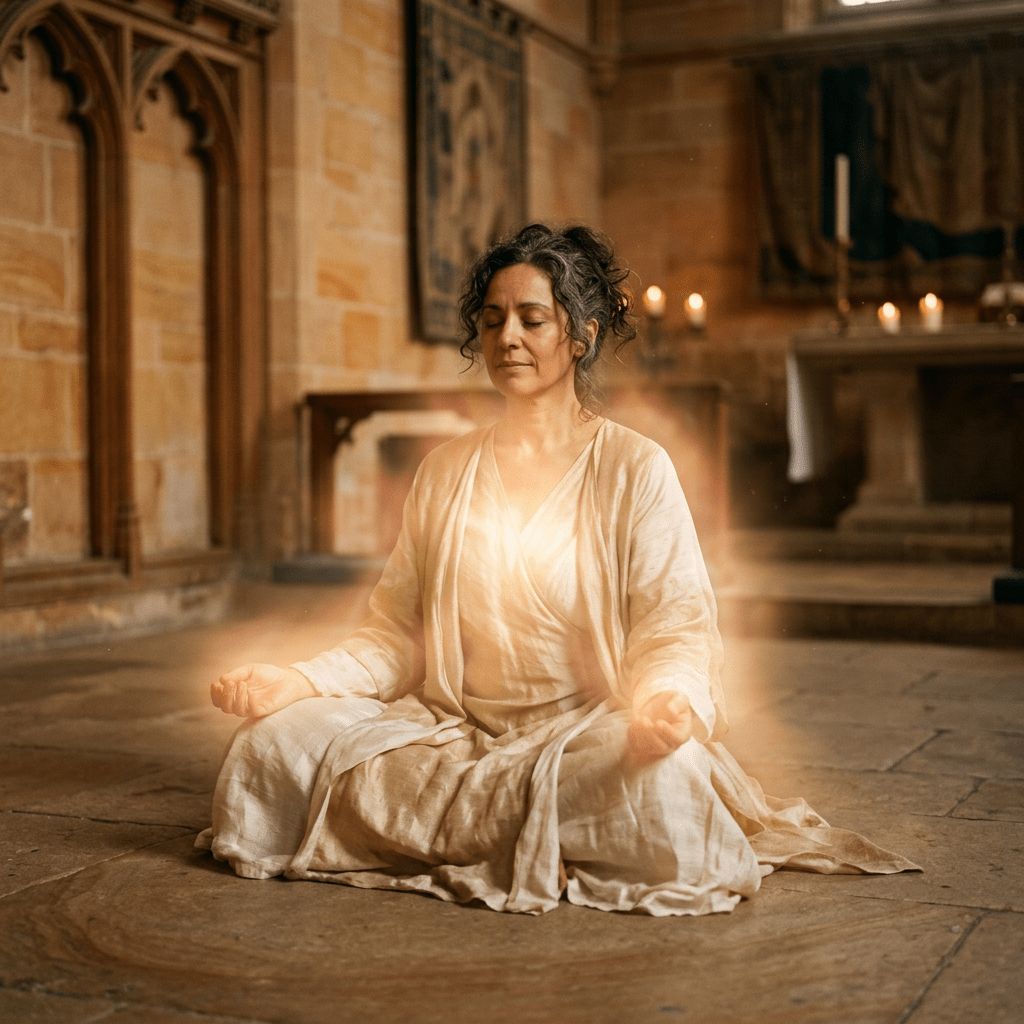 Woman meditating cross-legged with glowing light aura in stone-walled room
