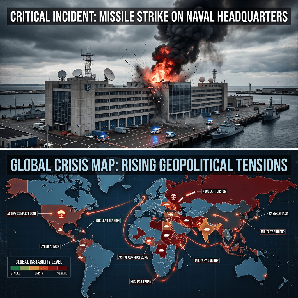 Naval headquarters building exploding after missile strike and world map highlighting active conflicts, nuclear tensions, cyber attacks, and military buildups