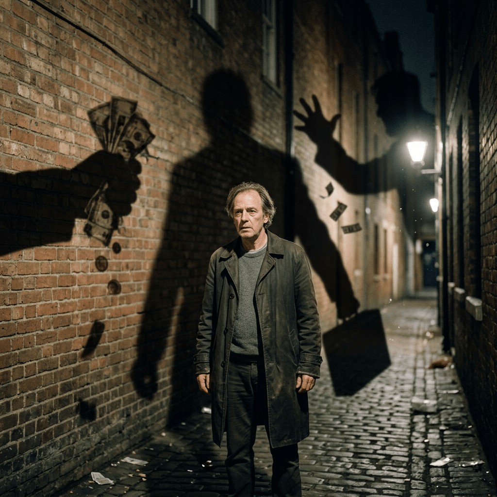 Man standing in alley with shadows of money hand and threatening figure on brick walls