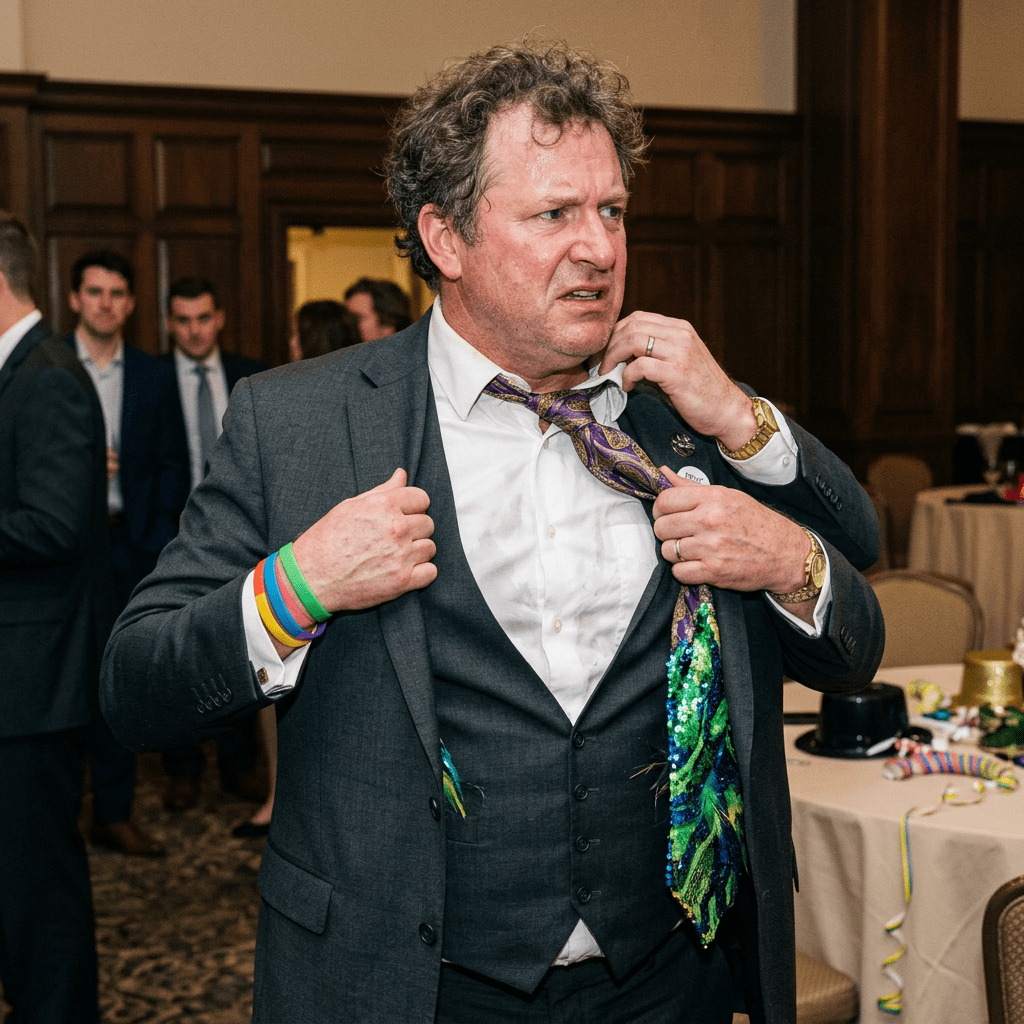 Man in a suit loosening his purple patterned tie with a concerned expression