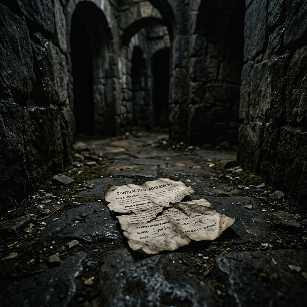 Torn and aged contract paper on a rough stone floor within a dimly lit corridor with stone walls and arches