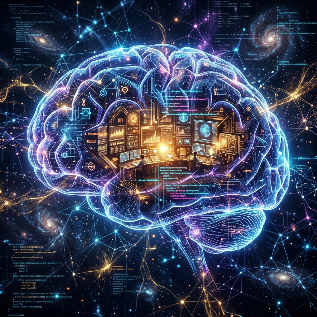 Digital brain with a control center inside displaying data screens and cosmic network connections