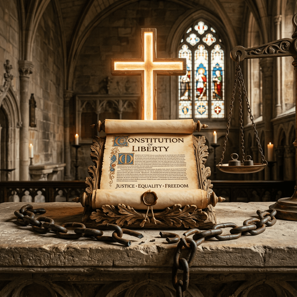 Scroll titled 'Constitution of Liberty' with a glowing cross, stained glass windows, and broken chains in a cathedral