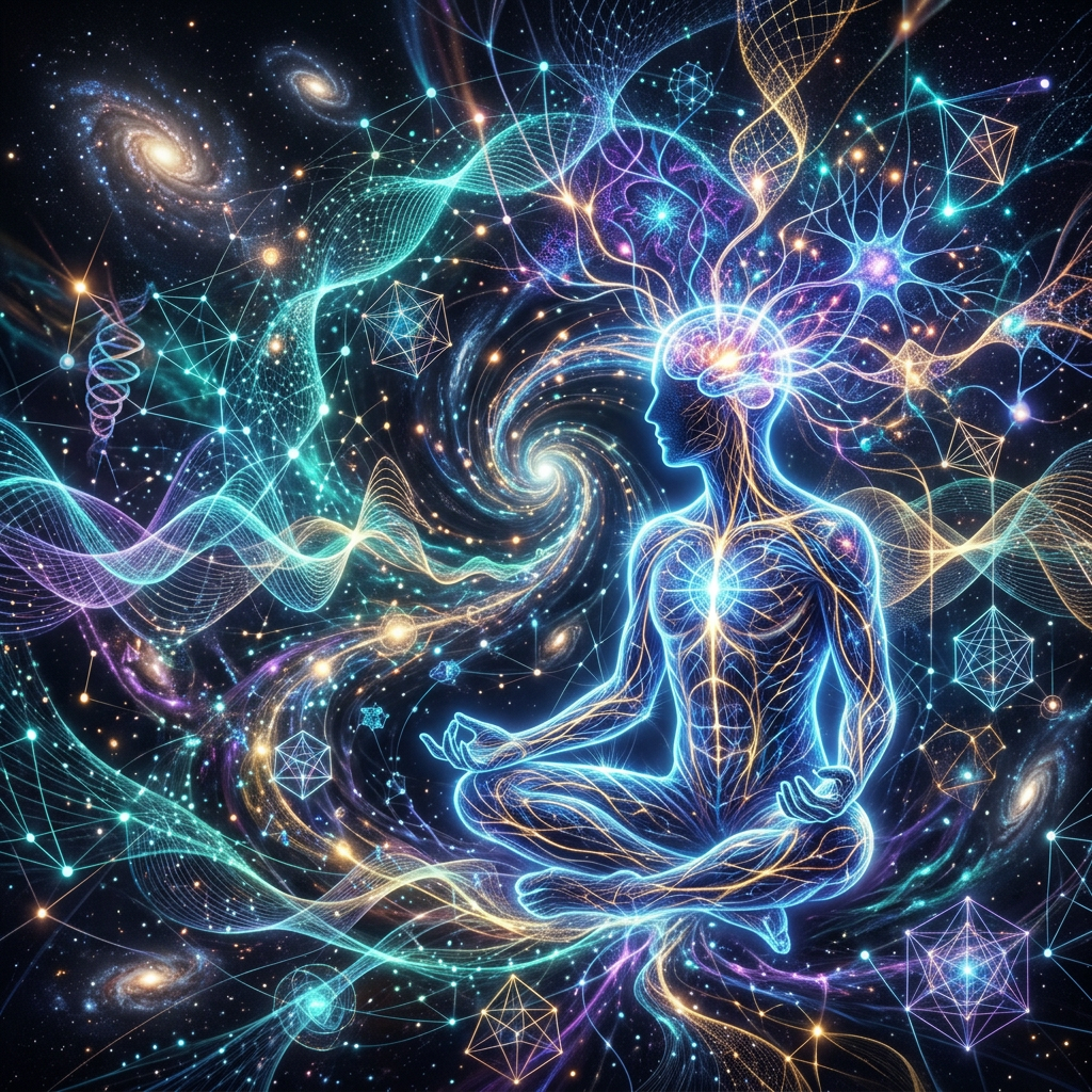 Glowing human figure meditating surrounded by cosmic spirals and neural patterns