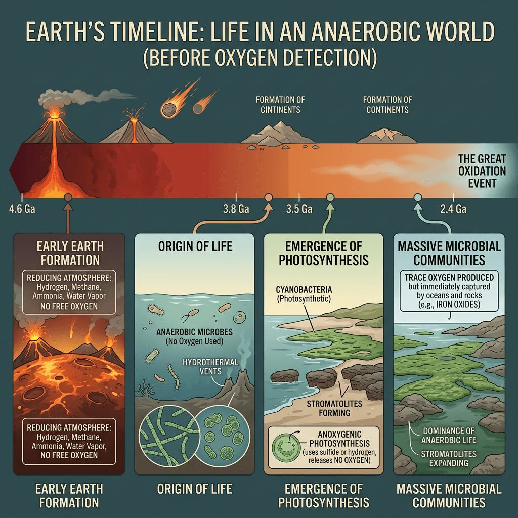 Timeline of Earth's early life stages from 4.6 to 2.4 billion years ago before oxygen detection highlighting early Earth formation, origin of life, photosynthesis emergence, and microbial communities.