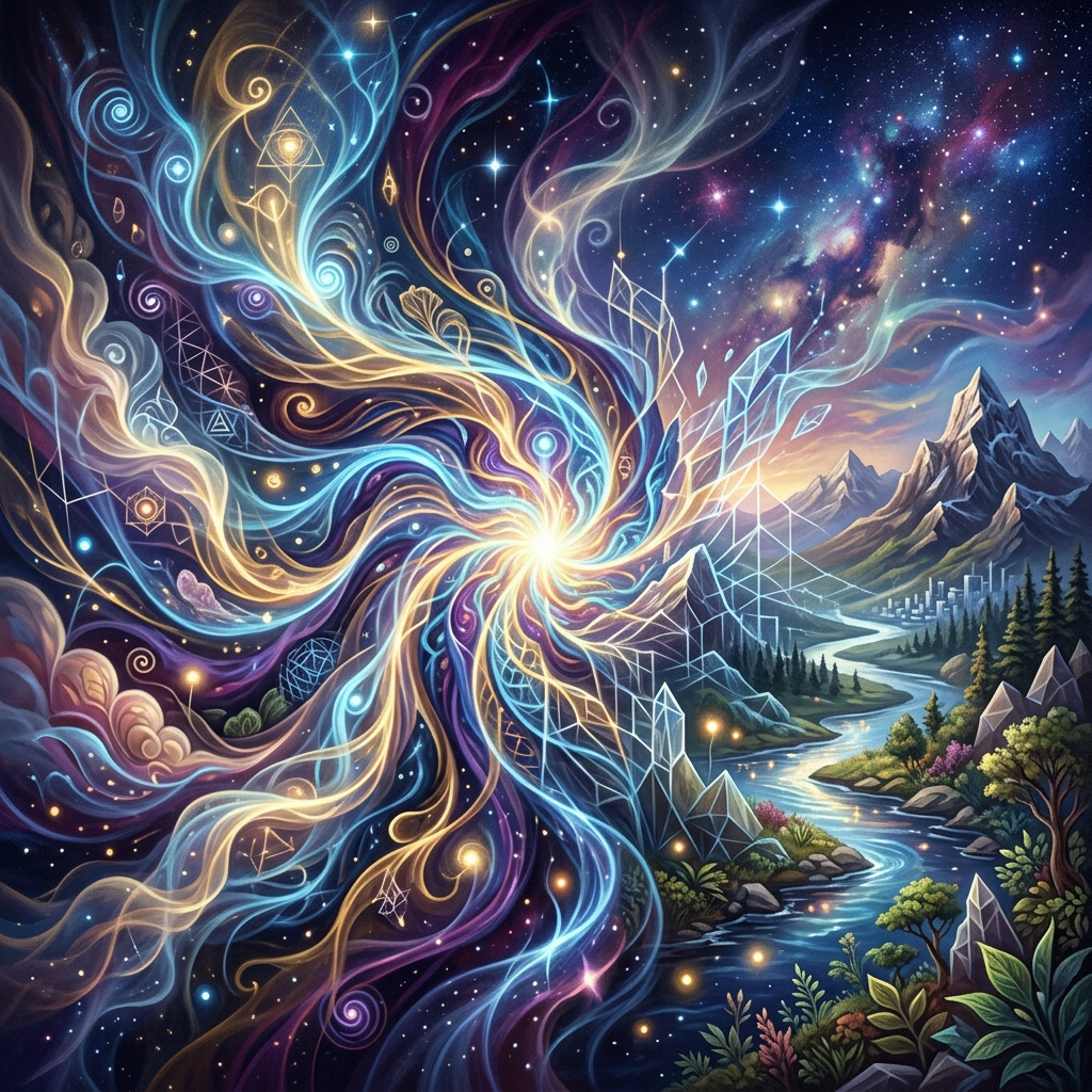 Swirling cosmic energy with geometric patterns blending into a river winding through mountains and forest