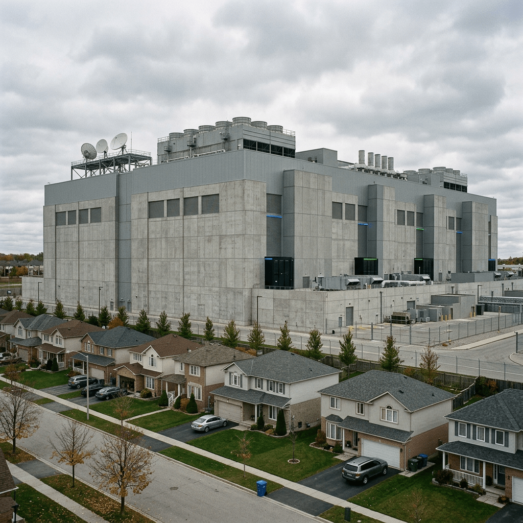 Large data center building next to suburban houses and road